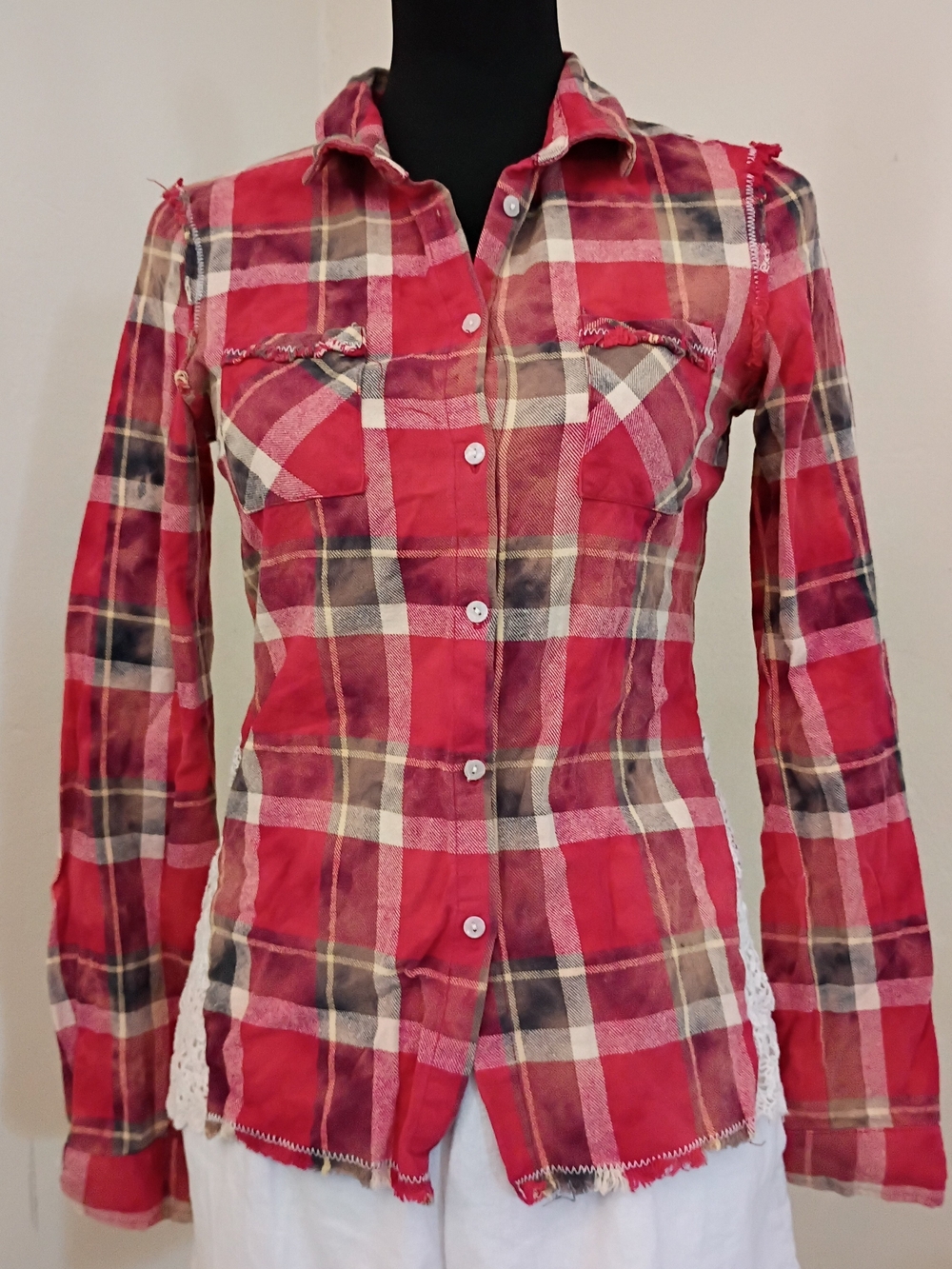White Crow Red Plaid Flannel Button-Down Shirt With Crochet On Side